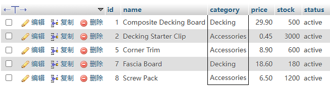 5.5 查询 Decking 或 Accessories 分类的产品 运行结果截图